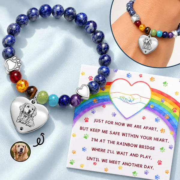 Art Design,Sympathetic,Pet Lovers,Memorial,Photo - Pencil Sketch - Bold - Custom Photo Bold Sketch Pet Memorial I'm At The Rainbow Bridge - Personalized Rainbow Bridge Bracelet