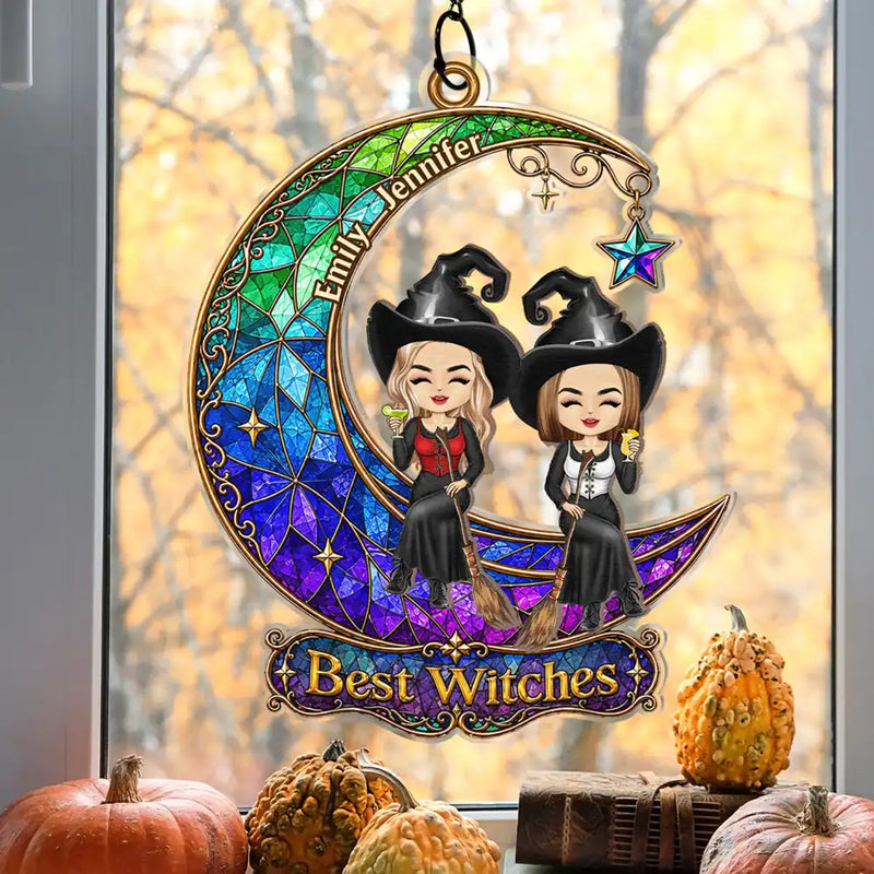 Gift For Bestie,Playful,Halloween,Vector - Halloween Best Witches Bestie - Personalized Window Hanging Suncatcher Ornament