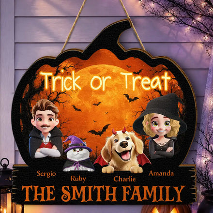 Halloween Family Trick Or Treat - Personalized Custom Shaped Wood Sign