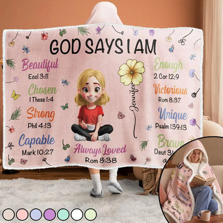 God Says I Am Birth Month Flower - Personalized Wearable Hooded Blanket