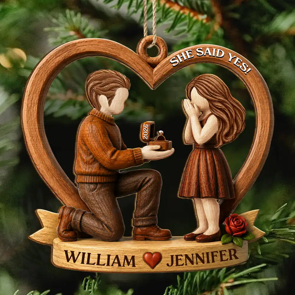She Said Yes First Christmas Married Engaged Couple - Personalized Custom Shaped Wooden Ornament