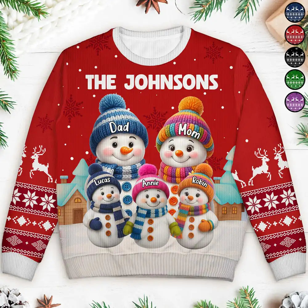 Christmas,Cozy,Family,Icon - Family Snowmen 3D Effect - Personalized Unisex Ugly Sweater