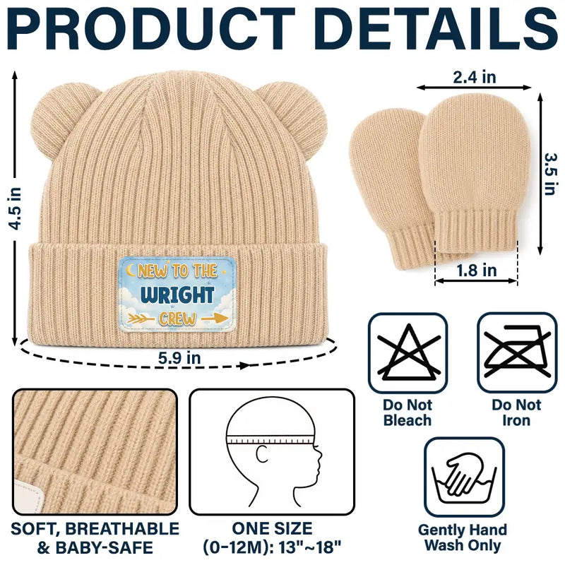 Adorable,New Baby,New Mom,Christmas,Gift For Mother,Custom Text - New To Family Crew - Personalized Baby Beanie And Mittens