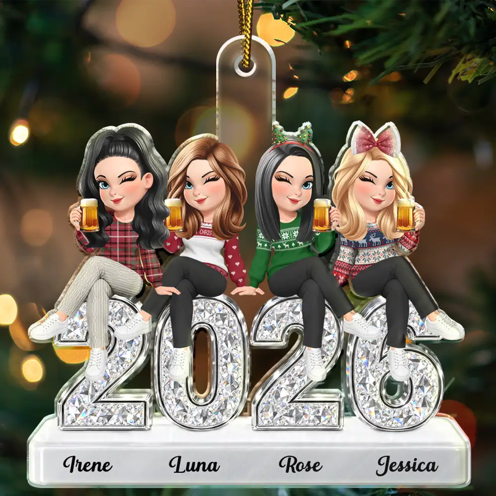 Gift For Bestie,Christmas,Vector,Happy - Bestie Funny Keepsake Crystal Sitting On Year - Personalized Custom Shaped Acrylic Ornament