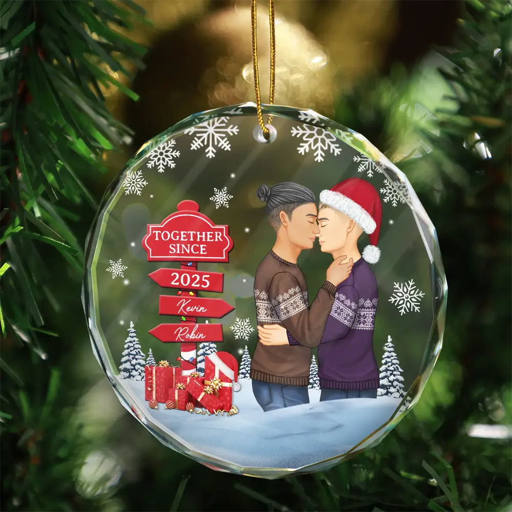 Christmas Couple Kissing Sign - Personalized Circle Glass Ornament