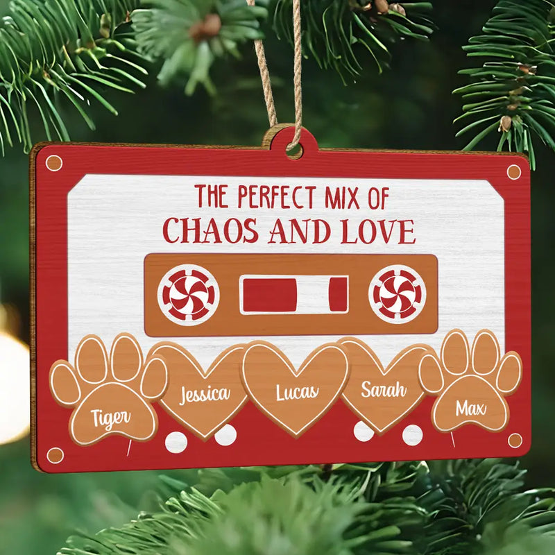 Gift For Couples,Family,Pet Couple,Dog Dad,Cat Dad,Pet Dad,Happy,Christmas - The Perfect Mix Of Chaos And Love - Personalized Custom Shaped Wooden Ornament
