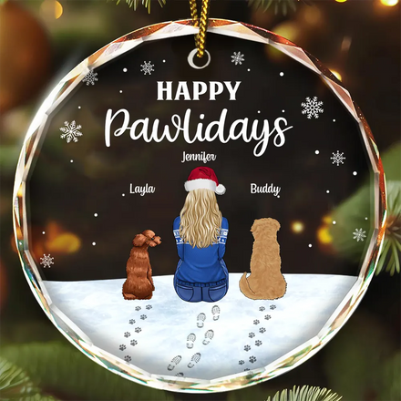 Christmas Pet Lovers Happy Pawlidays - Personalized Circle Glass Ornament