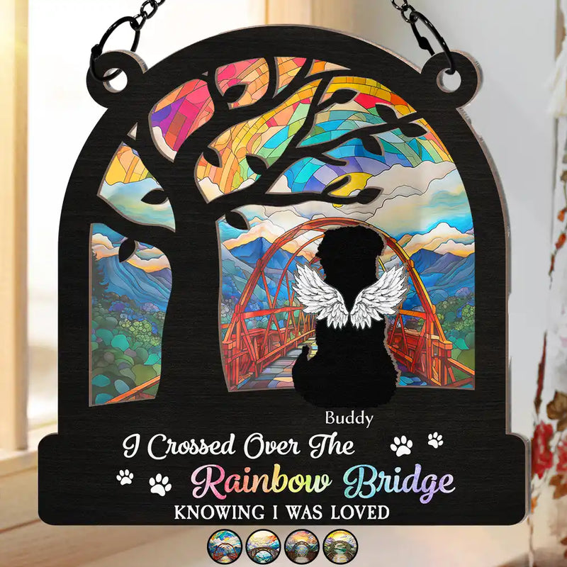Memorial, Dog Lovers, Pet Lovers, Dog Mom, Dog Dad, Cat Lovers, Cat Mom, Cat Dad, Pet Mom, Pet Dad - Dog Cat Silhouette Over The Rainbow Bridge - Personalized Window Hanging Suncatcher Ornament