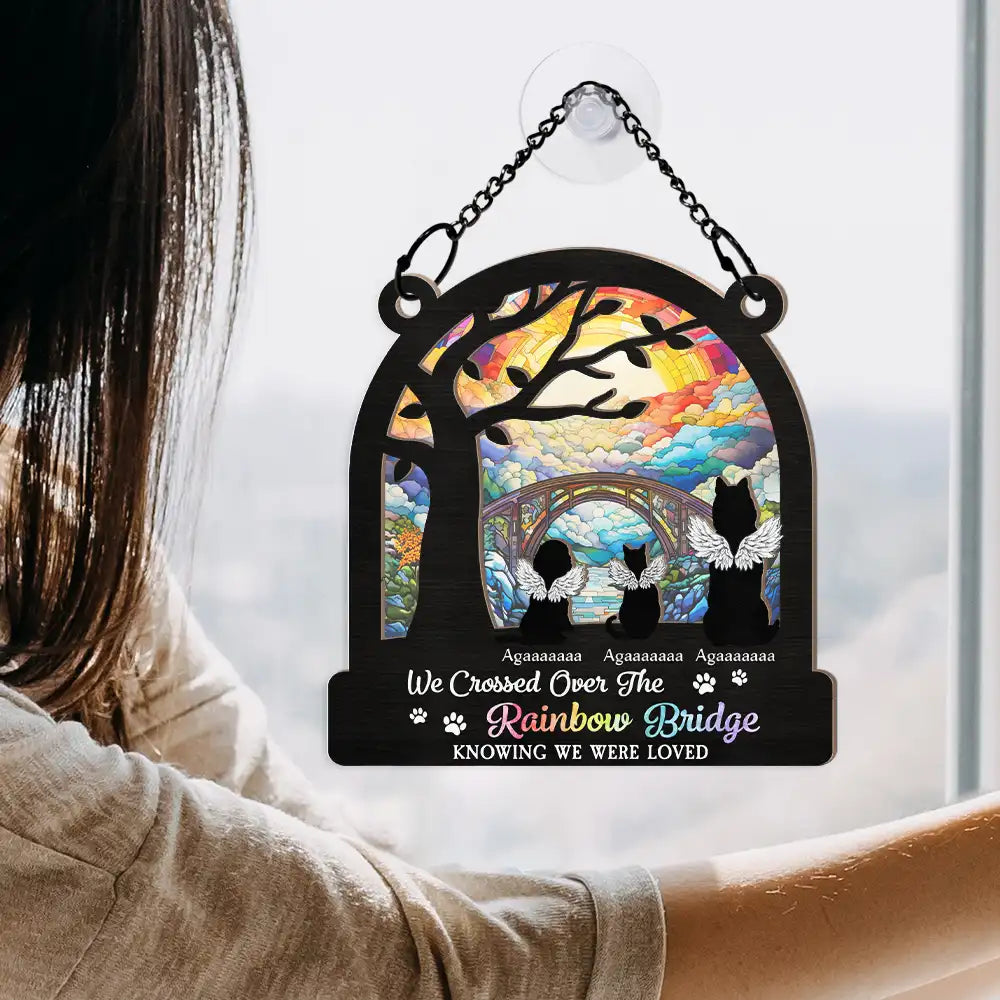 Memorial, Dog Lovers, Pet Lovers, Dog Mom, Dog Dad, Cat Lovers, Cat Mom, Cat Dad, Pet Mom, Pet Dad - Dog Cat Silhouette Over The Rainbow Bridge - Personalized Window Hanging Suncatcher Ornament