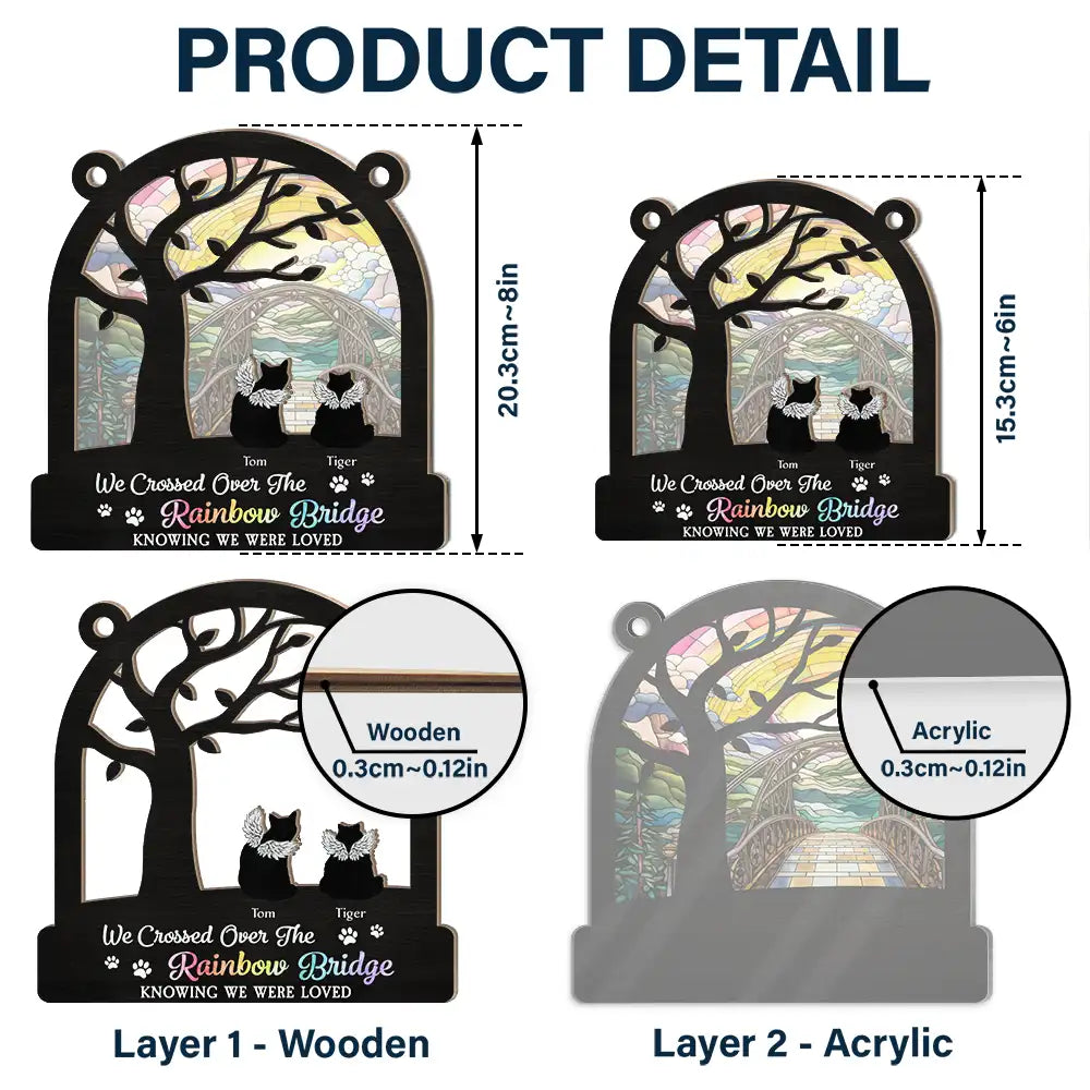 Memorial, Dog Lovers, Pet Lovers, Dog Mom, Dog Dad, Cat Lovers, Cat Mom, Cat Dad, Pet Mom, Pet Dad - Dog Cat Silhouette Over The Rainbow Bridge - Personalized Window Hanging Suncatcher Ornament