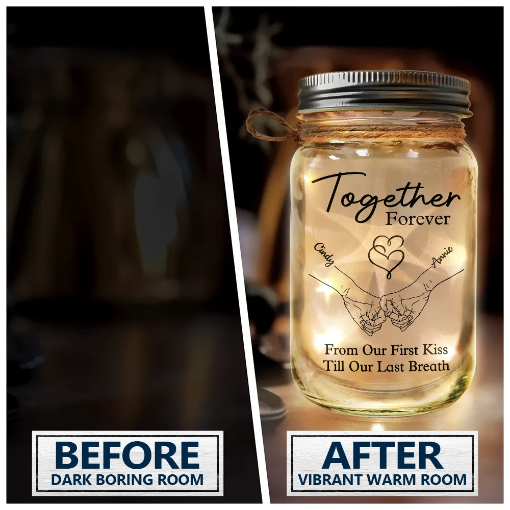 Gift For Couples, Gift For Husband, Gift For Wife, Gift For Boyfriend, Gift For Girlfriend - Couple Hold Hand From Our First Kiss - Personalized Mason Jar Light