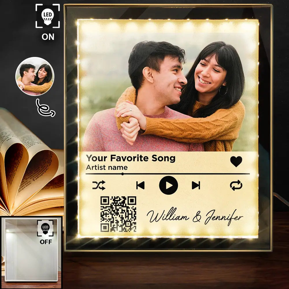 Gift For Couples, Gift For Husband, Gift For Wife, Gift For Boyfriend, Gift For Girlfriend - Custom Photo QR Code Music Lovers Couple Favorite Song - Personalized LED Mirror Frame Lamp