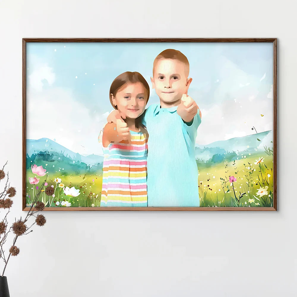Gift For Couples, Old Couples, Gift For Husband, Gift For Wife, Gift For Boyfriend, Gift For Girlfriend, Family, Gift For Bestie - Custom Photo Watercolor Couple Family Besties Landscape - Personalized Poster