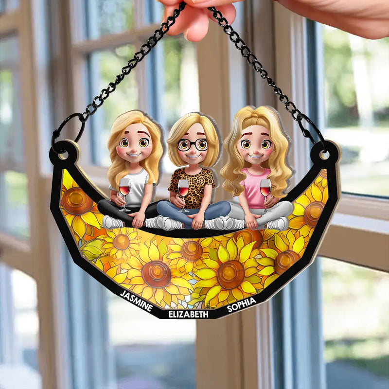 Gift For Bestie,Gift For Women - Bestie Sister Sitting On The Moon - Personalized Window Hanging Suncatcher Ornament