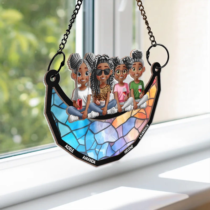 Gift For Bestie,Gift For Women - Bestie Sister Sitting On The Moon - Personalized Window Hanging Suncatcher Ornament