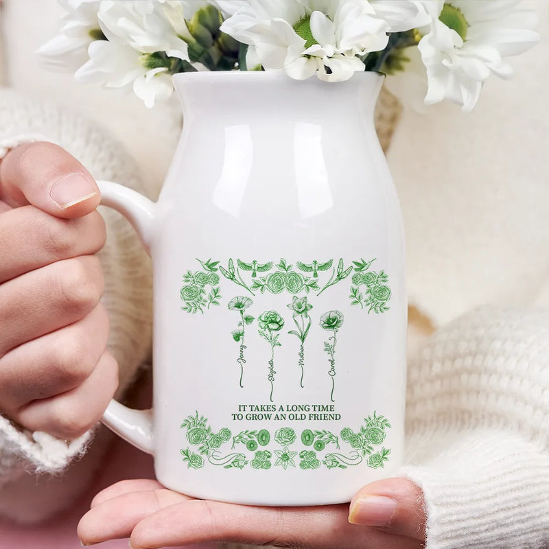 Gift For Bestie,Old Best friends,Love - Toile De Jouy Birth Flower Grow An Old Friend - Personalized Ceramic Flower Vase
