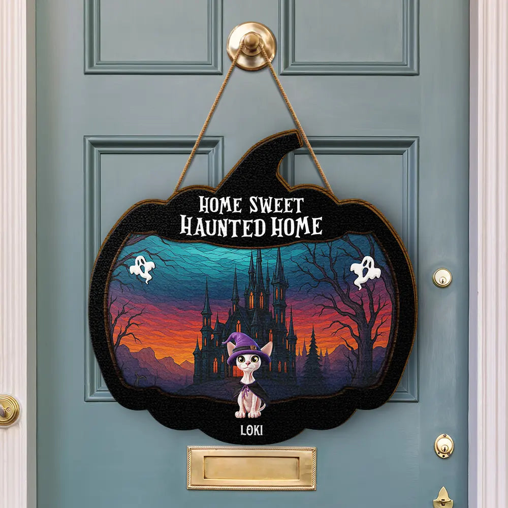 Halloween,Pet Lovers,Happy,Family,Cat Lovers,Dog Lovers - Halloween Home Sweet Haunted Home Pet Lovers - Personalized Custom Shaped Wood Sign