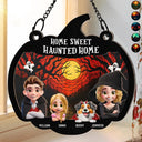 Halloween,Family,Pet Lovers,Happy - Home Sweet Haunted Home Couple With Kids & Pets - Personalized Window Hanging Suncatcher Ornament