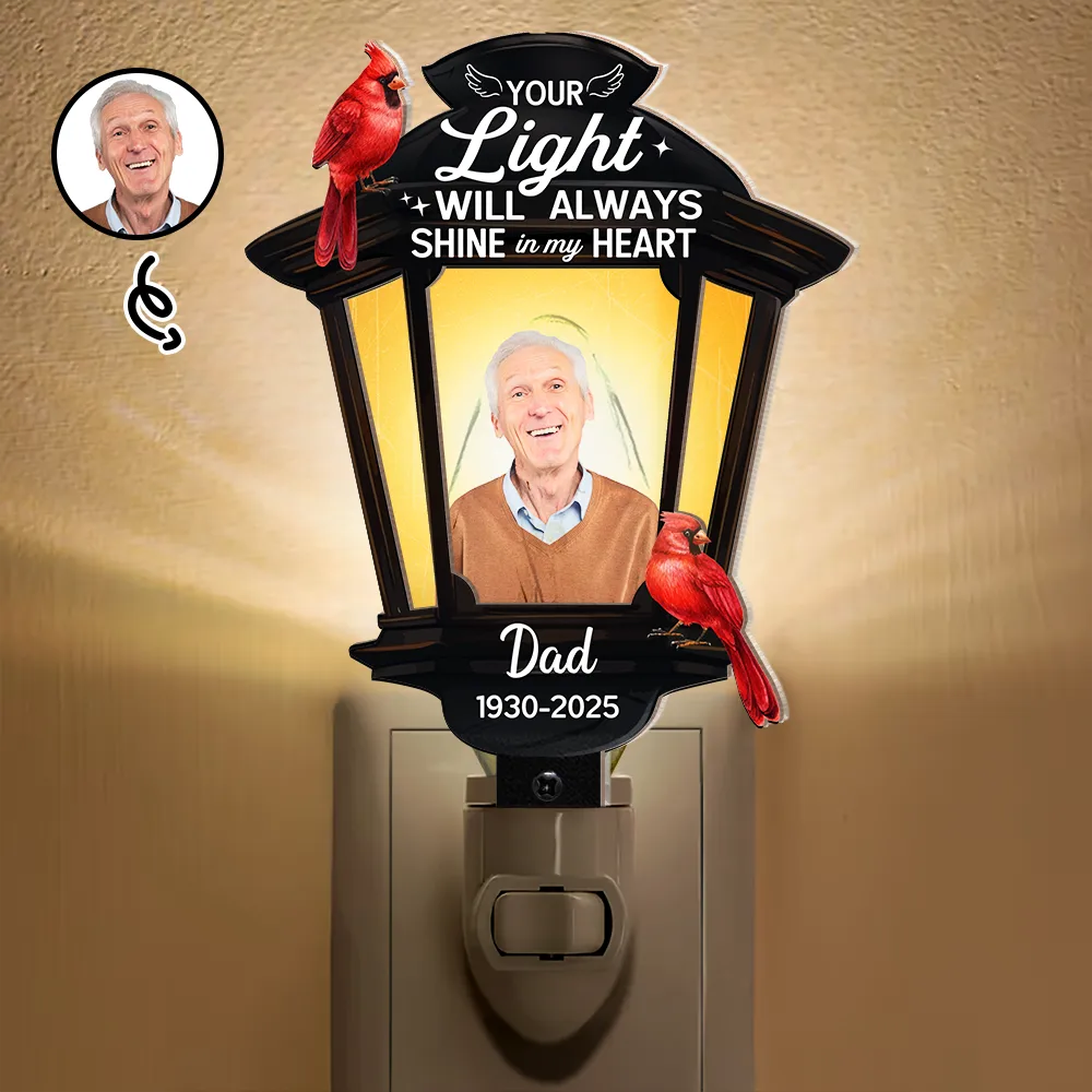 Gift For Yourself,Gift For Women,Gift For Men,Family,Pet Lovers,Dog Lovers,Cat Lovers,Memorial,Sad - Custom Photo Cardinal Bird Your Light Will Always Shine - Personalized Plug-in Night Light