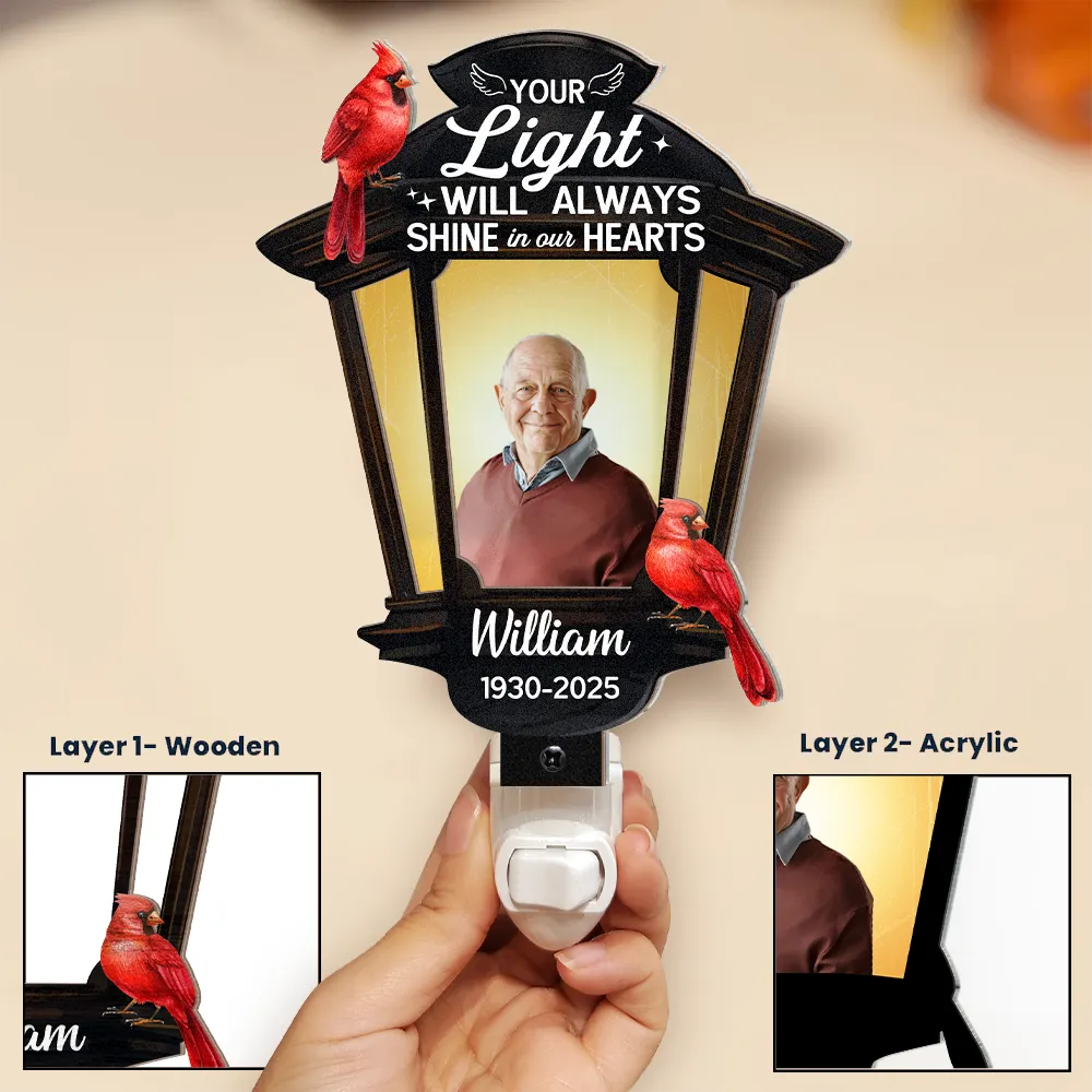 Gift For Yourself,Gift For Women,Gift For Men,Family,Pet Lovers,Dog Lovers,Cat Lovers,Memorial,Sad - Custom Photo Cardinal Bird Your Light Will Always Shine - Personalized Plug-in Night Light