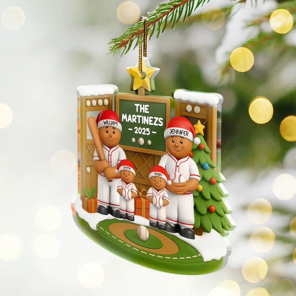 Christmas, Family, Parents, Gift For Kids, Happy, Baseball - 3D Effect Baseball Gingerbread Family On Field - Personalized Custom Shaped Acrylic Ornament