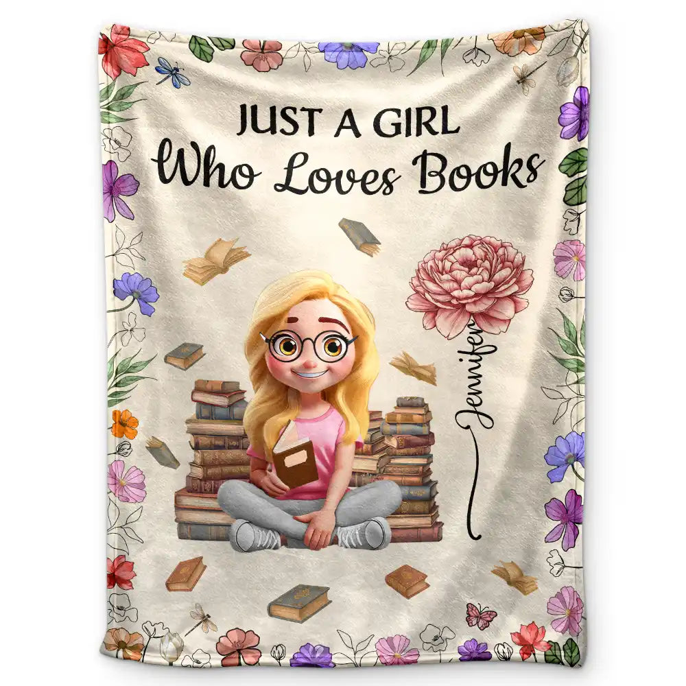 Reading, Gift For Yourself, Gift For Women, Happy - Reading Girl With Birth Month Flowers - Personalized Fleece Blanket, Sherpa Blanket
