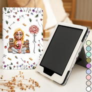 Reading,Gift For Yourself,Happy - Reading Girl With Birth Month Flower - Personalized Kindle Paperwhite Case Kickstand
