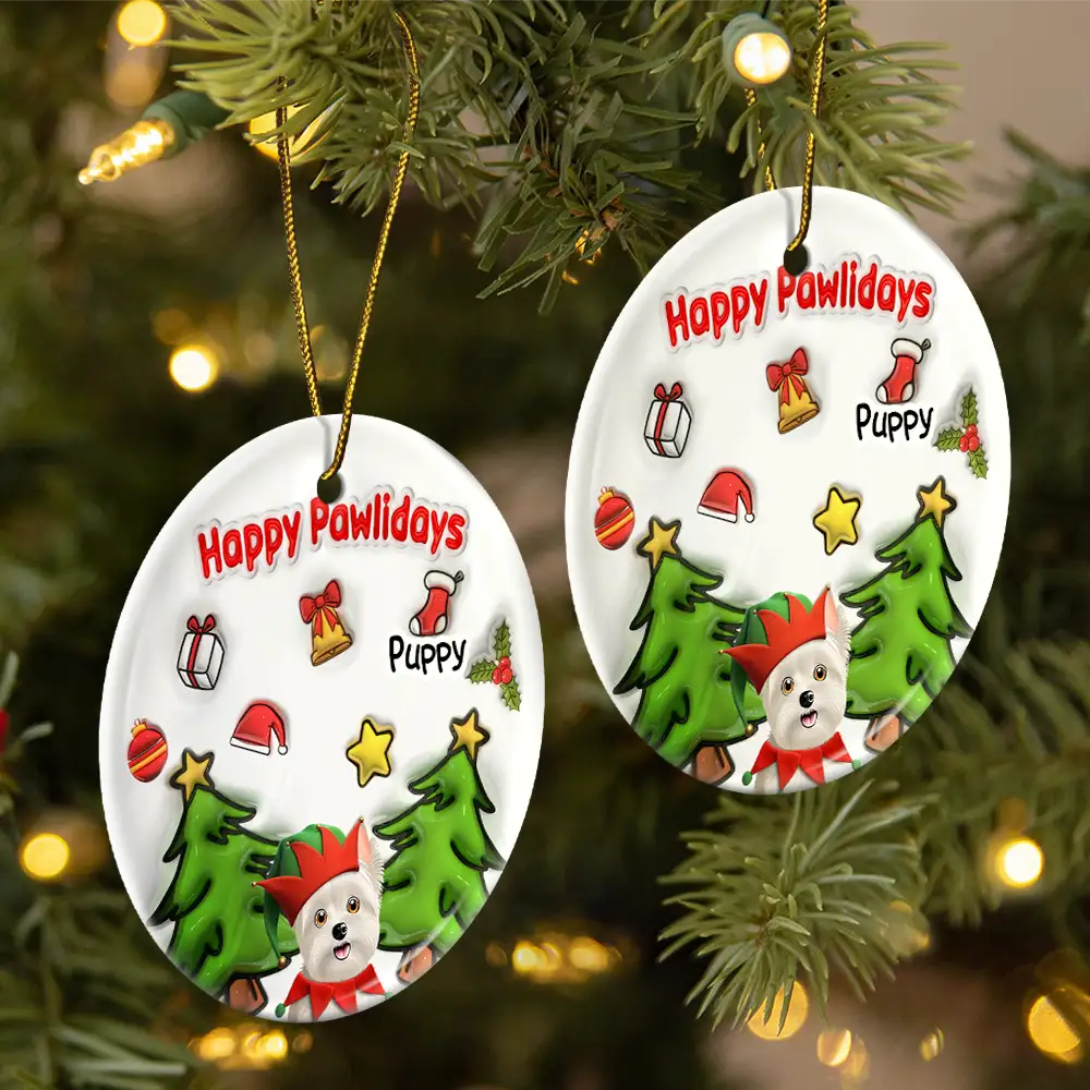 Dog Lovers,Dog Mom,Dog Dad,Dog Couple,Christmas,Gift For Women,Gift For Men,Happy - Merry Woofmas Christmas Dog - 3D Inflated Effect Printed Ornament, Personalized Circle Ceramic Ornament