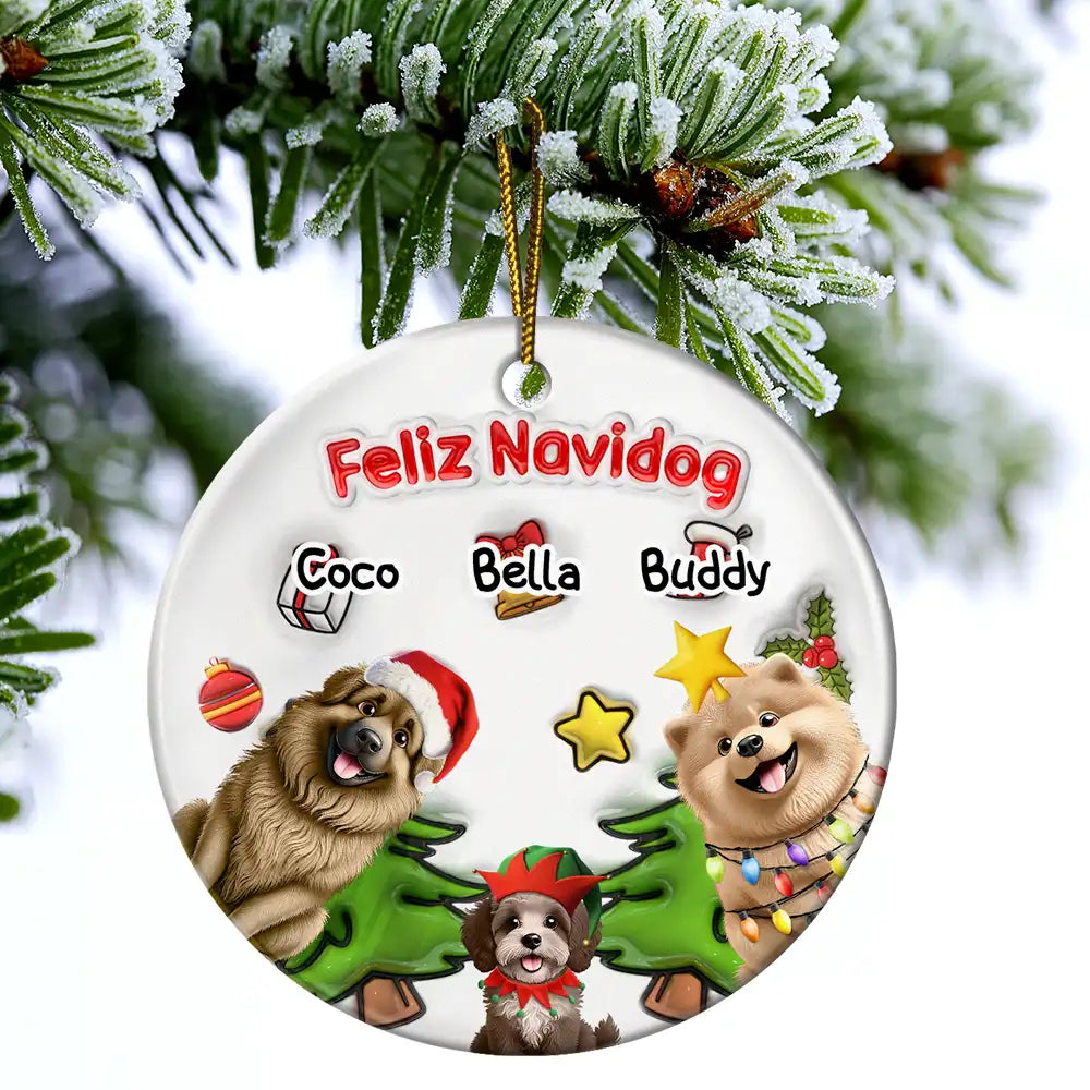 Dog Lovers,Dog Mom,Dog Dad,Dog Couple,Christmas,Gift For Women,Gift For Men,Happy - Merry Woofmas Christmas Dog - 3D Inflated Effect Printed Ornament, Personalized Circle Ceramic Ornament