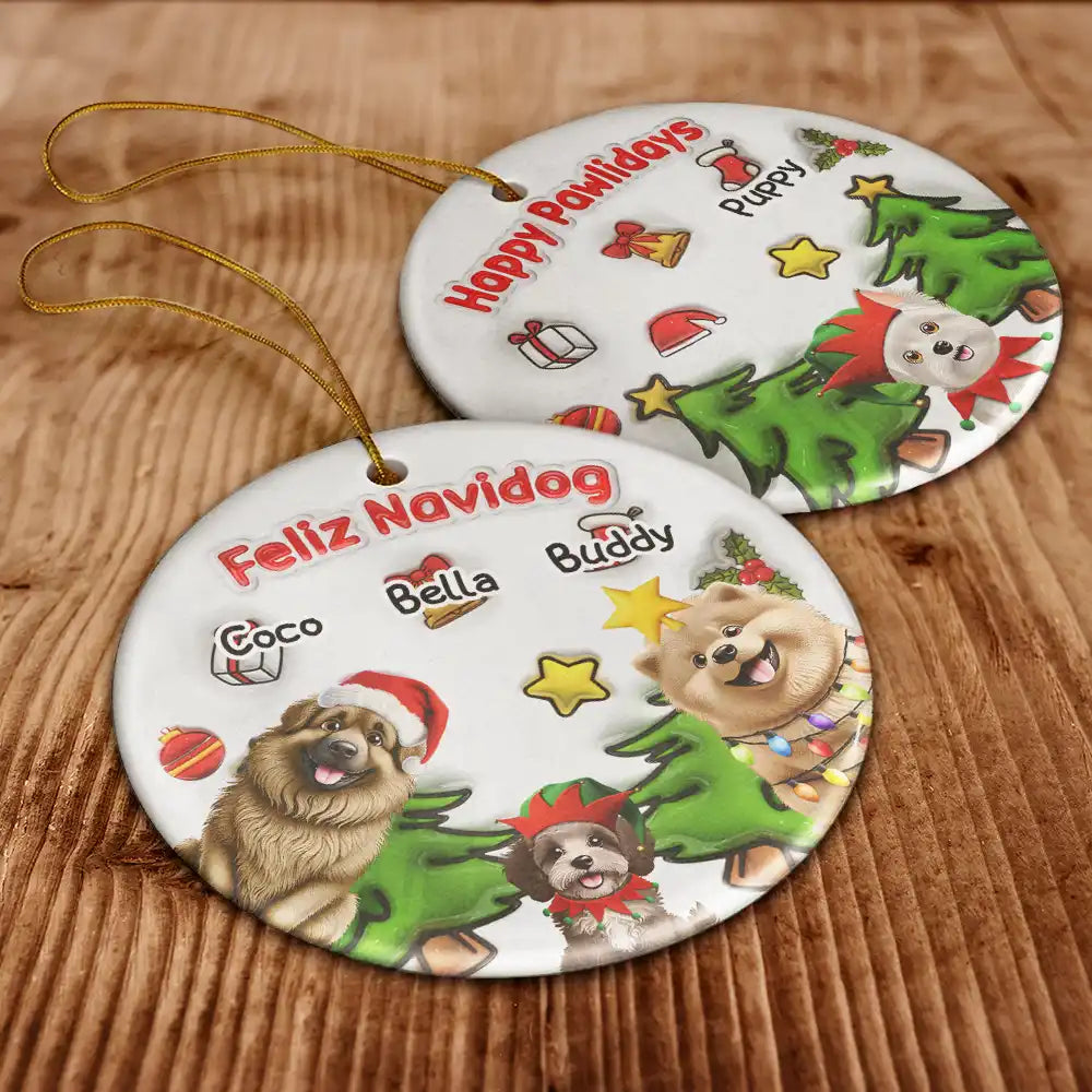 Dog Lovers,Dog Mom,Dog Dad,Dog Couple,Christmas,Gift For Women,Gift For Men,Happy - Merry Woofmas Christmas Dog - 3D Inflated Effect Printed Ornament, Personalized Circle Ceramic Ornament