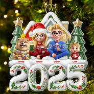 Family,Pet Lovers,Pet Mom,Pet Dad,Pet Couple,Dog Lovers,Dog Couple,Dog Mom,Dog Dad,Cat Lovers,Cat Mom,Cat Dad,Cat Couple,Happy,Christmas,Top Market - Christmas Family Sitting Together Ceramic Effect - Personalized Custom Shaped Acrylic Ornament