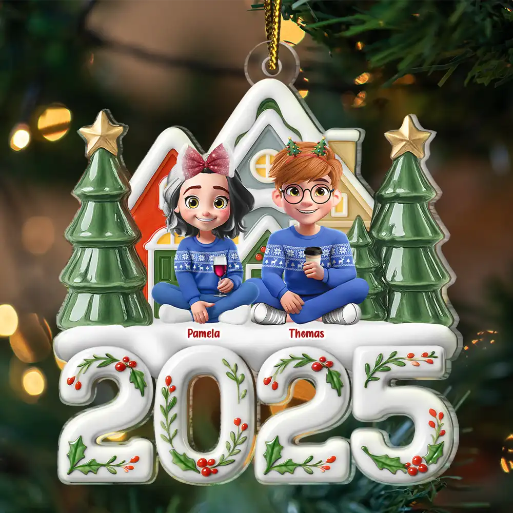 Family,Pet Lovers,Pet Mom,Pet Dad,Pet Couple,Dog Lovers,Dog Couple,Dog Mom,Dog Dad,Cat Lovers,Cat Mom,Cat Dad,Cat Couple,Happy,Christmas,Top Market - Christmas Family Sitting Together Ceramic Effect - Personalized Custom Shaped Acrylic Ornament