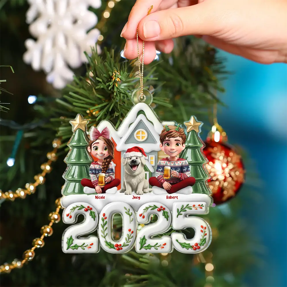 Family,Pet Lovers,Pet Mom,Pet Dad,Pet Couple,Dog Lovers,Dog Couple,Dog Mom,Dog Dad,Cat Lovers,Cat Mom,Cat Dad,Cat Couple,Happy,Christmas,Top Market - Christmas Family Sitting Together Ceramic Effect - Personalized Custom Shaped Acrylic Ornament