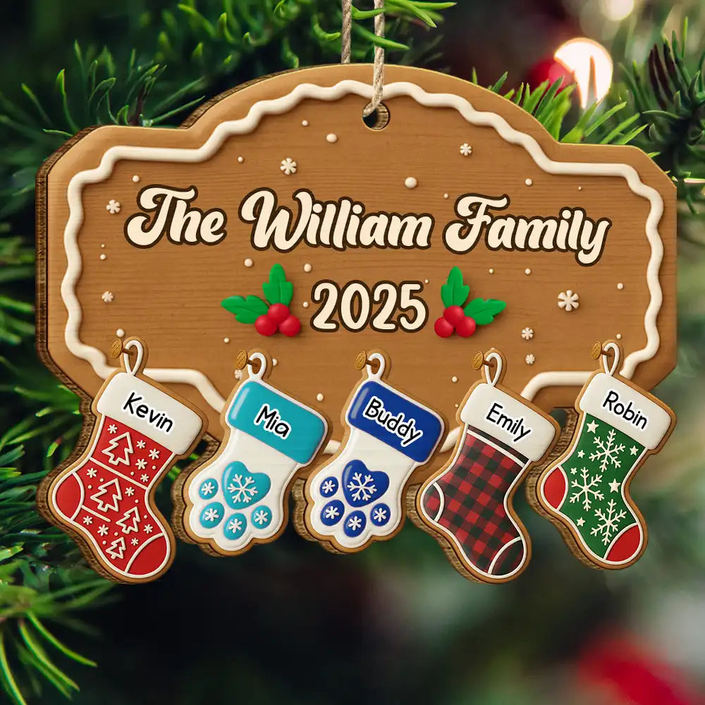 Family, Gift For Women, Gift For Men, Pet Lovers, Happy, Christmas, Top Market - Christmas Family Stockings Ceramic Effect - Personalized Custom Shaped Wooden Ornament