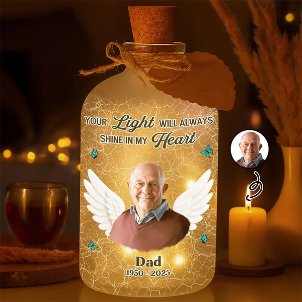 Christmas,Custom Photo,Memorial,Family,Pet Lovers,Sad - Custom Photo Your Light Will Always Shine In My Heart Crackle Glass Effect - Personalized Short Bottle Light
