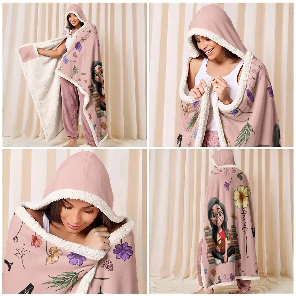 Reading, Gift For Yourself, Gift For Women, Happy - My Reading Blanket Reading Girl With Birth Month Flower - Personalized Wearable Hooded Blanket