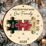 Family,Pet Lovers,Pet Mom,Pet Dad,Pet Couple,Dog Lovers,Dog Couple,Dog Mom,Dog Dad,Cat Lovers,Cat Mom,Cat Dad,Cat Couple,Happy,Single Mom,Single Dad,Gift For Grandpa,Gift For Grandma,Gift For Grandkids,Christmas,Top Market - The Pieces That Make Our Family Puzzle - Personalized 2-Layered Wooden Ornament