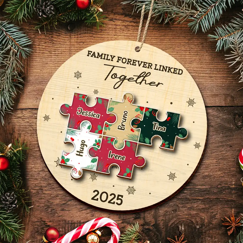 Family,Pet Lovers,Pet Mom,Pet Dad,Pet Couple,Dog Lovers,Dog Couple,Dog Mom,Dog Dad,Cat Lovers,Cat Mom,Cat Dad,Cat Couple,Happy,Single Mom,Single Dad,Gift For Grandpa,Gift For Grandma,Gift For Grandkids,Christmas,Top Market - The Pieces That Make Our Family Puzzle - Personalized 2-Layered Wooden Ornament