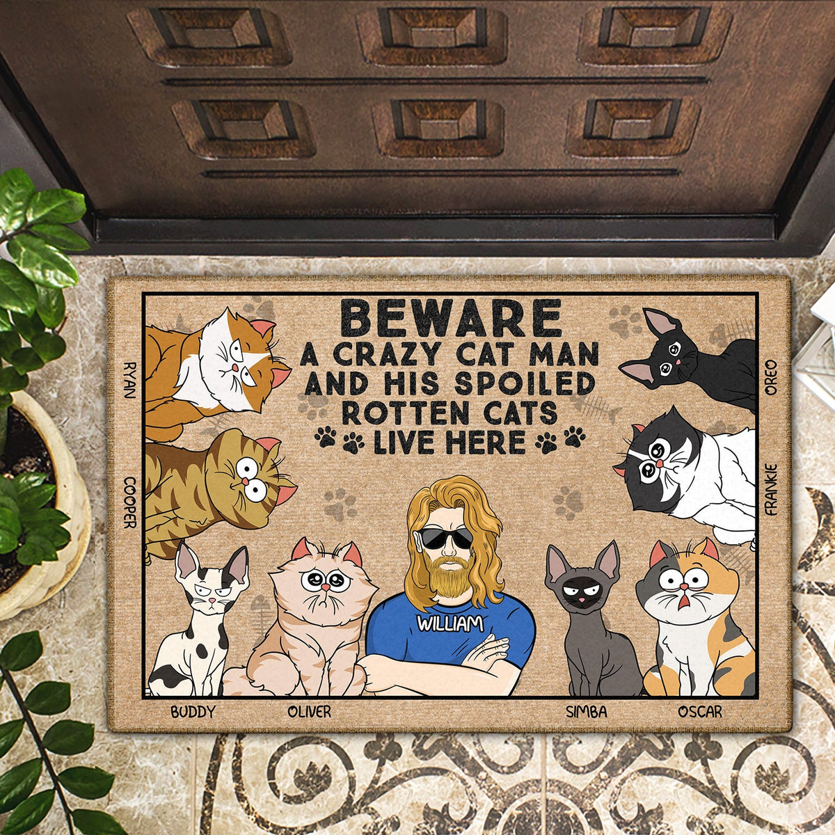 Beware A Crazy Cat Lady & Her Spoiled Rotten Cats Live Here Funny Cartoon Cat - Gift For Cat Lovers - Personalized Doormat