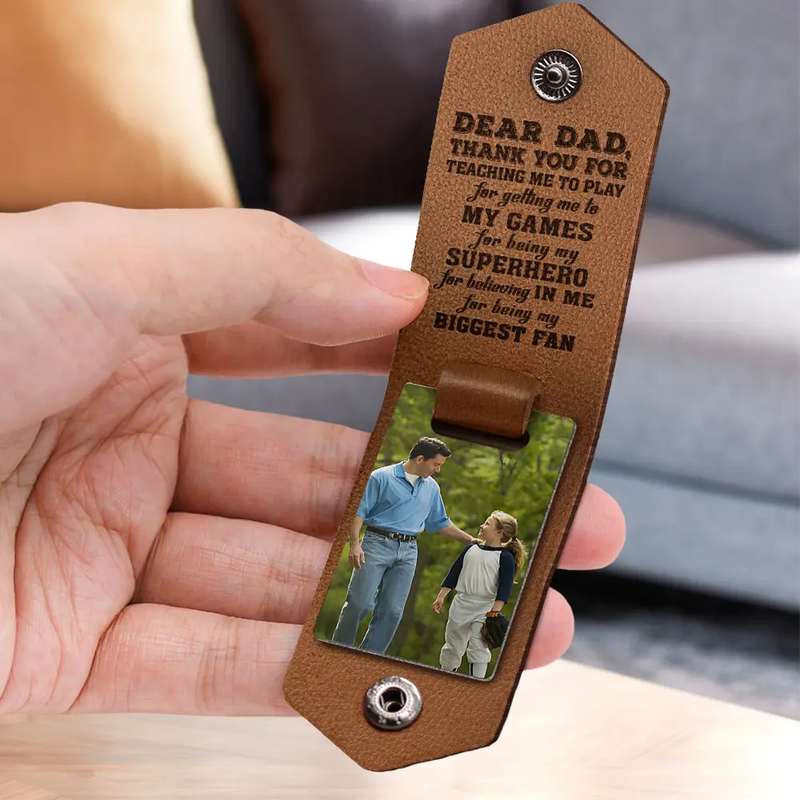 Custom Photo Dear Dad Thank You For Teaching Me - Birthday, Loving Gift For Baseball, Softball Father - Personalized Leather Photo Keychain