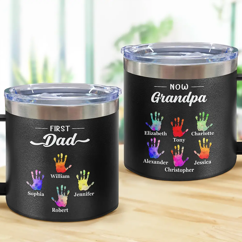 First Dad Now Grandpa - Personalized 14oz Stainless Steel Tumbler With Handle