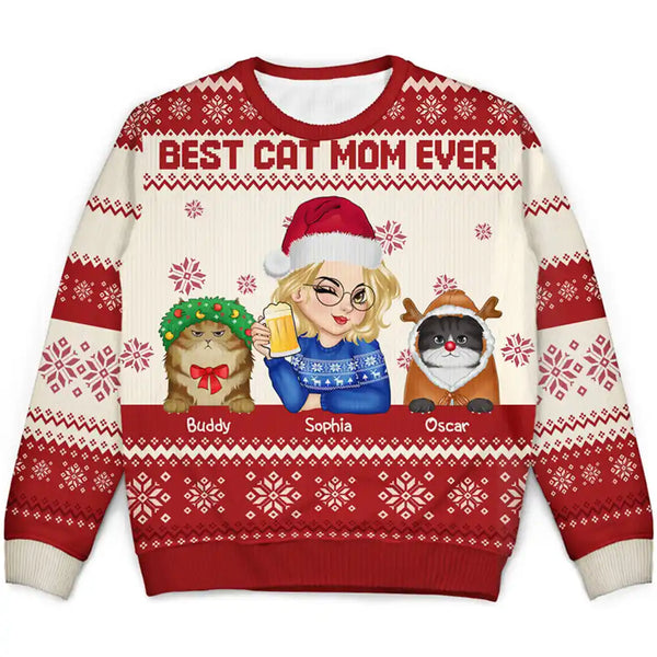Best Cat Mom Ever Christmas - Personalized Unisex Ugly Sweater