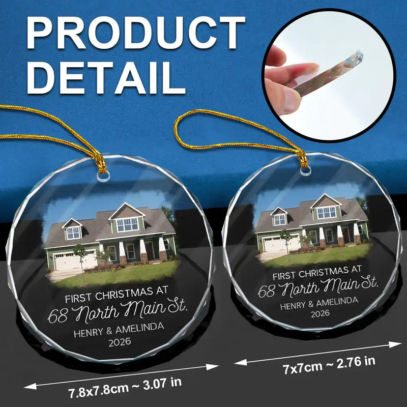 Custom Photo First Christmas At New Home Couple Family - Personalized Circle Glass Ornament
