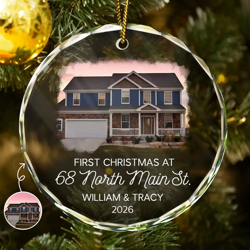 Custom Photo First Christmas At New Home Couple Family - Personalized Circle Glass Ornament