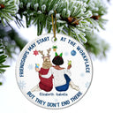 Happy,Gifts For Colleagues,Gift For Bestie,Christmas - Friendships May Start At The Workplace Christmas Colleagues Backside - Personalized Circle Ceramic Ornament