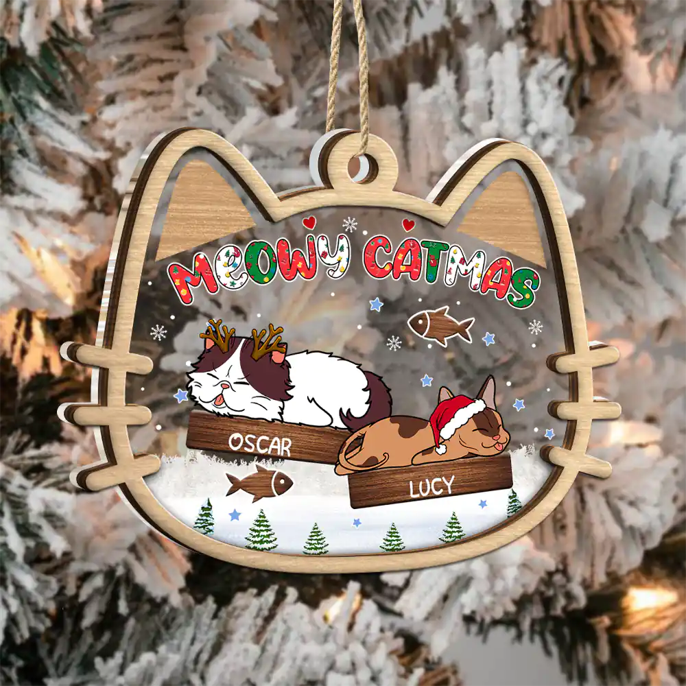 Cat Lovers - Lying Cat Meowy Catmas - Personalized 2-Layered Mix Ornament