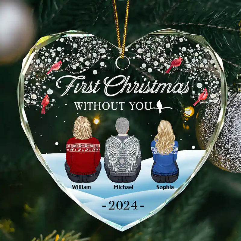 Christmas,Family,Parents,Gift For Grandparents,Gift For Kids,Gift For Daughter,Gift For Son,Continue Shopping,Sad,Memorial - Family Memorial First Christmas Without You - Personalized Heart Shaped Glass Ornament