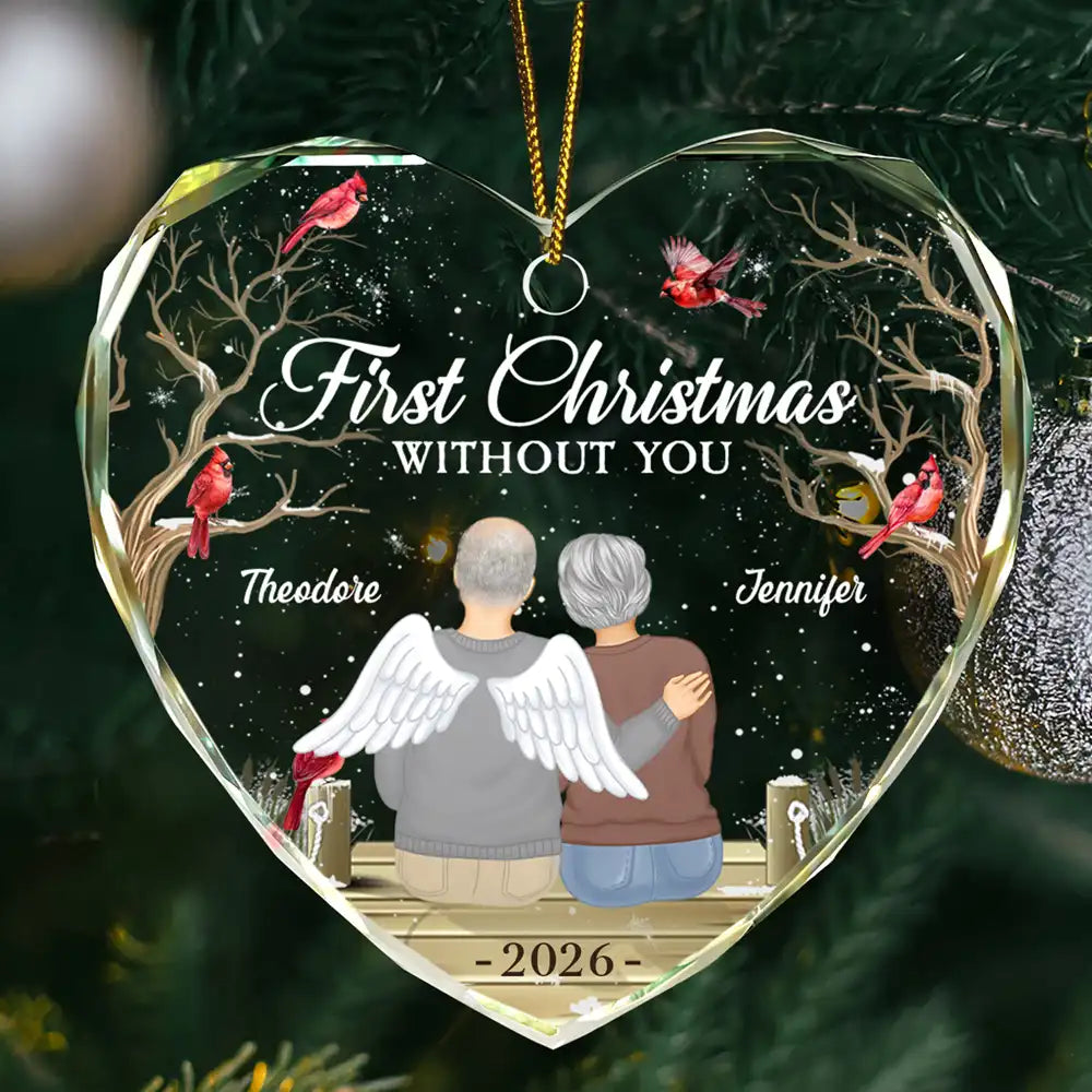 Memorial, Gift For Couples - Memorial First Christmas Without You - Personalized Heart Shaped Glass Ornament