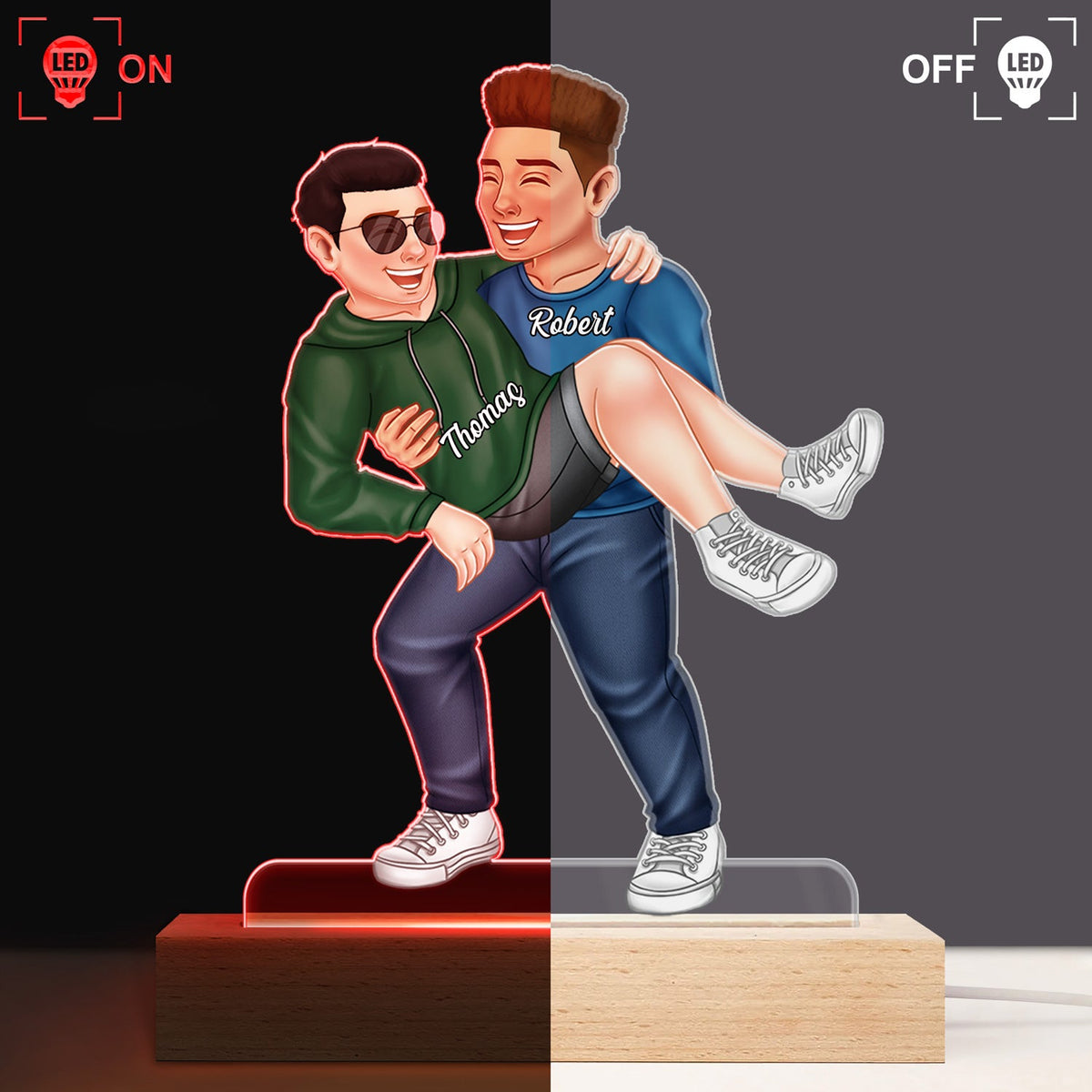 Funny Couple Carrying - Gift For Couples, Husband, Wife - Personalized 3D Led Light Wooden Base