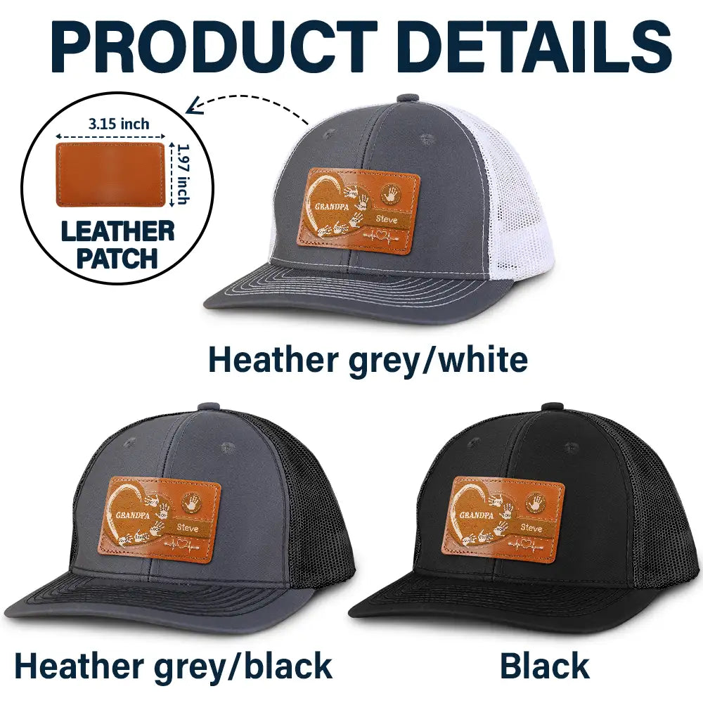 Granddad Dad Kids Handprints Heart - Personalized Leather Patch Hat